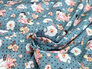 Baumwolljersey Vogel im Blumenzweig auf Punkte Jeansblau